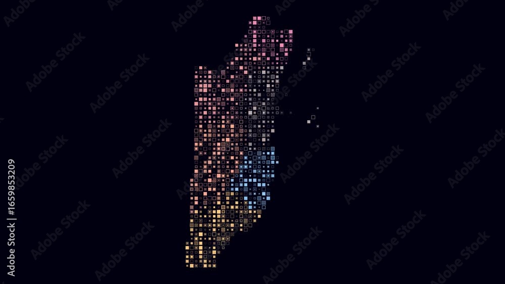 Poster Belize map animation. Shape of the country with pulsating colored dots. Small size square blocks. Digital style Belize map on dark background. Creative video.
