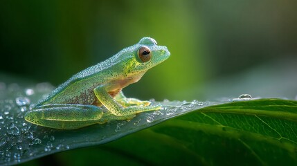 Fototapeta premium Close-up of a small green frog perched on a dew-covered leaf with a softly blurred natural background