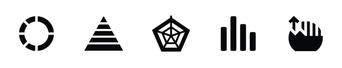 Five graphic icons representing business concepts chart circle