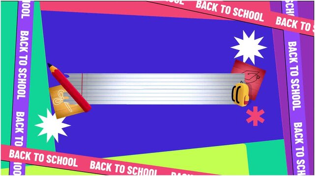 Texte en anglais "Back to school", concept rentr&eacute;e scolaire avec espace n&eacute;gatif copyspace, fournitures comme crayon, cahier, sac &agrave; dos et d&eacute;cor color&eacute; pour la reprise des classes en septembre
