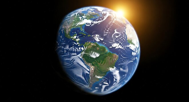 Majestic earth seen from space with sun rising over horizon creating golden rays - Powered by Adobe