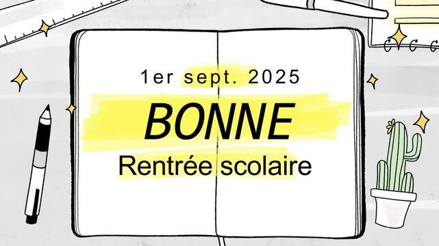 Texte en fran&ccedil;ais "1er sept. 2025 BONNE rentr&eacute;e scolaire", message de rentr&eacute;e illustr&eacute; dans un carnet avec surlignage jaune, d&eacute;coration cactus et fournitures scolaires, date officielle de la rentr&eacute;e e