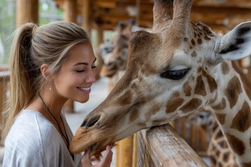 Woman interacts with a giraffe in a zoo during a sunny afternoon visit