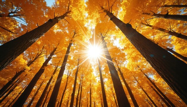 Sunlight bursts through golden autumn canopy creating magical forest scene. Tall trees with vibrant yellow, orange leaves fill frame. Golden hour light casts warm, cosy atmosphere, perfect for - Powered by Adobe