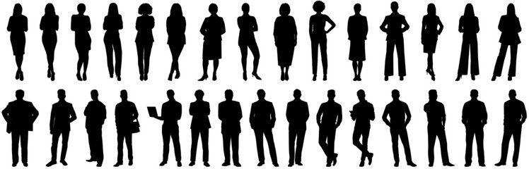 Silhouettes of People Standing and walking Rear View. Male and Female. Businessmen and businesswomen silhouette set. 