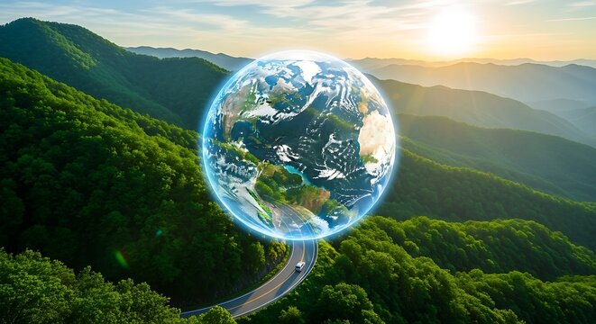 Sustainable future earth hologram floating above lush green mountain landscape at sunrise - Powered by Adobe