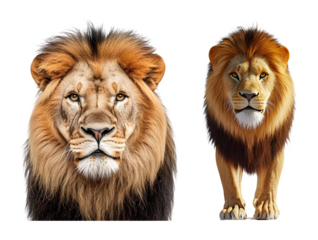 Two male lions one close up facing forward the other standing and looking forward transparent background