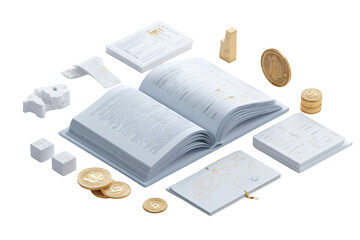 Isometric view of an open book with documents, gold coins and figures