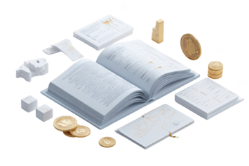 Isometric view of an open book with documents, gold coins and figures