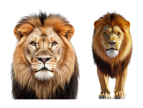Two male lions one close up facing forward the other standing and looking forward transparent background