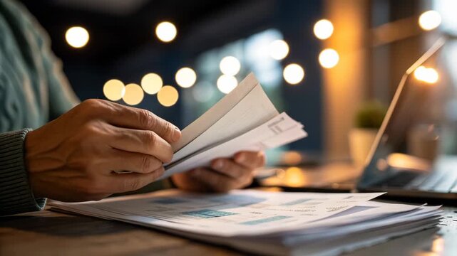 Financial tax and accounting documents reviewed carefully for budget planning and financial management with focus and precision