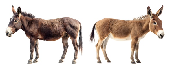 Two donkeys side by side one dark brown the other lighter brown on a black transparent background
