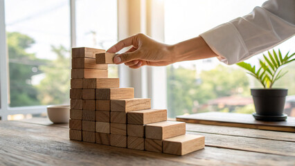 person’s hand placing the final wooden block on a tower, symbolizing achievement, goal completion, and business success