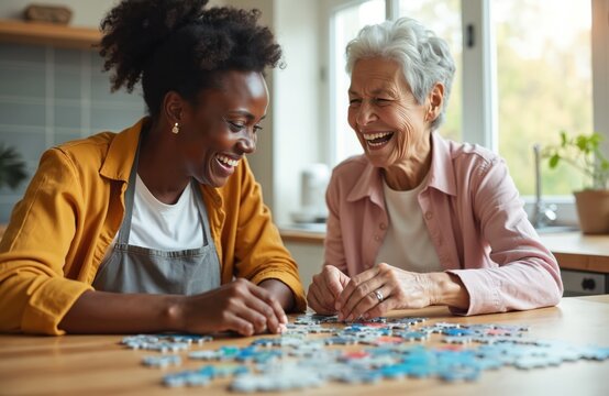African American volunteer plays puzzle game with cheerful senior lady laughing. Search for right piece together at kitchen table, enjoying hobby. Kindness, support, positive interaction between