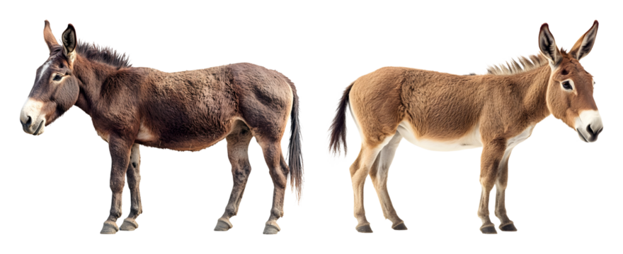 Two donkeys side by side one dark brown the other lighter brown on a black transparent background