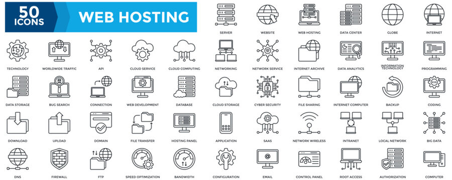 Web Hosting icon collection set. Containing server, website, data center, internet, programming, coding, big data, computer, technology, worldwide traffic icon. Simple black outline vector 
