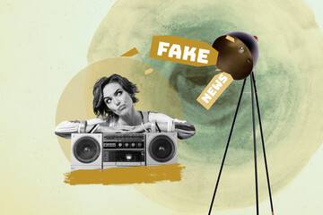 Pop art collage of person listen boom box stand near lamp with fake news on yellow background
