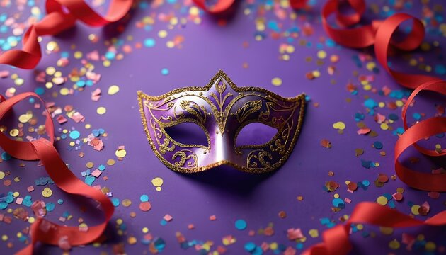 Flat lay of purple ornate carnival mask with gold trim surrounded by colorful confetti, red ribbons on vibrant purple background. Festive celebration design, perfect for party invitations, holiday