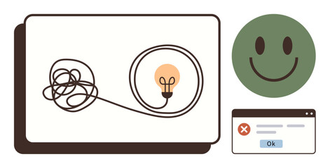 Tangled wire connects to glowing lightbulb, green smiling face, error message box with Ok. Ideal for problem-solving, creativity, clarity, optimism, solutions motivation and positivity. Simple flat