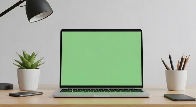 Modern living room with a green screen laptop on a table. Home office. Creative technology business concept mock-up.