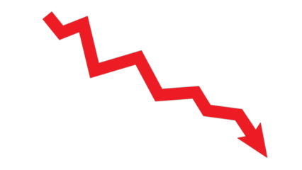 Red stock market investment decline chart. Downward arrow. Negative growth concept, business development, declining profits. Analytical financial chart. Trend. Changes in exchange rates, interest rate