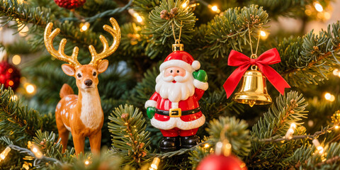 Festive christmas tree decorations with santa, deer, and golden bell in warm holiday lights, Christmas and New Year celebration