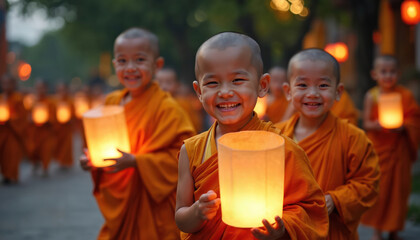 Young monks in orange robes carry glowing lanterns during traditional Asian festival. Smiling children participate in religious procession, embodying cultural heritage, faith, community spirit.