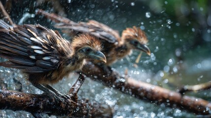 Obraz premium Two young birds with brown and white feathers perched on a branch surrounded by splashing water droplets in a natural wet environment