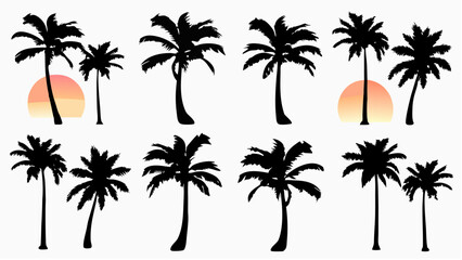 Silhouette of several palm trees with a gradient sunset in the background on a white background scene