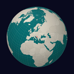 Bosnia and Herzegovina on the map. Globe centered to Bosnia and Herzegovina. Country location on the world map. Teal Pale Mint color palette. Globe with countries, meridians and parallels.