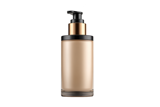 Beige foundation bottle with pump dispenser on a black background