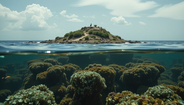 seabird island nourishing waters below, guano enriching ecosystem, fish swarming plankton, cinematic realism, wide scene documentary, natural ecosystem interconnections emphasized.