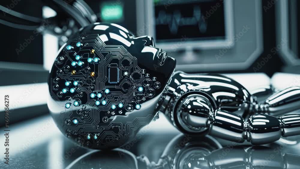Poster a futuristic scene featuring a chrome robot with circuitry design on its surface, laying in a high t