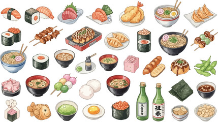 Vector illustration of popular Japanese food items