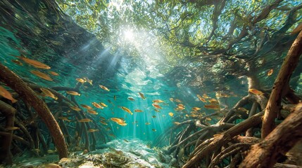Sunlight filtering through mangrove roots with vibrant orange fish swimming in clear tropical waters