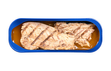 Grilled mackerel fillet, in its own juice, in an opened tin can. Salted piece of mackerel, fried on a grill, preserved in the liquid that naturally extracts from the fish during the canning process.