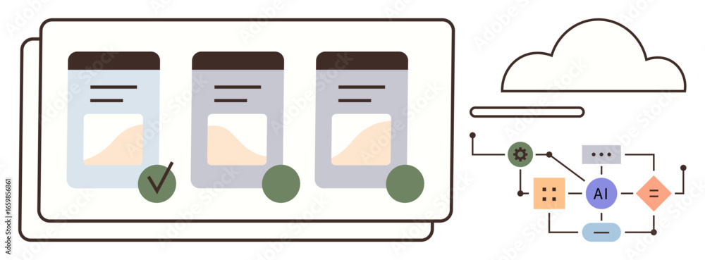 Poster digital dashboard with three data cards, cloud icon, and ai-driven diagram. ideal for workflow autom