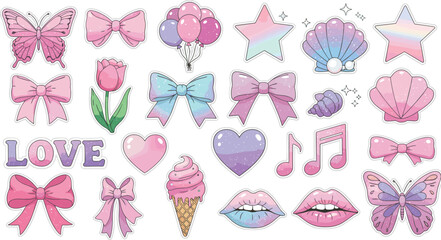 Cute pastel sticker set, pink and purple girly icons, kawaii aesthetic design elements, bows, butterflies, flowers, stars, hearts