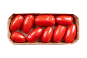 Fresh plum tomatoes, Roma tomatoes in a cardboard punnet. Also known as processing or paste tomatoes, oval shaped, used for canning or producing tomato paste, because of its slender and firm nature.