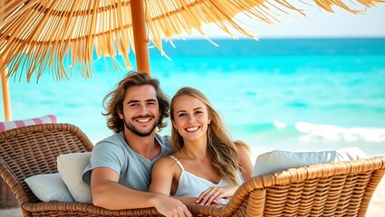 Smiling couple relaxing on a wicker beach chair under a thatched umbrella near the ocean shore