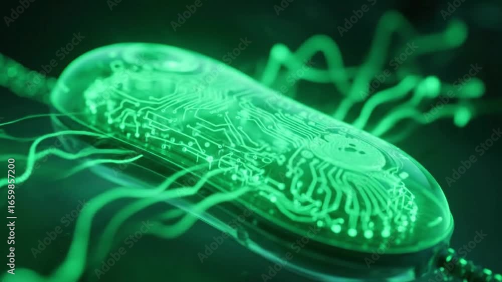 Poster a futuristic glowing green microscopic organism or nanobot with intricate circuit board patterns ins