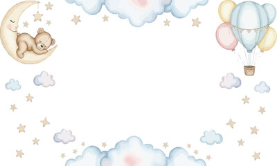 Adorable illustration of a sleeping teddy bear on a crescent moon with clouds and a hot air balloon.