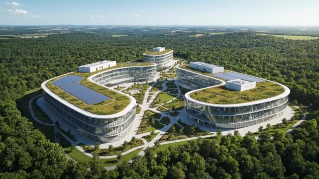 Sprawling modern corporate campus with green roofs and solar panels, integrated into a vast forest, symbolizing sustainable architectural design.