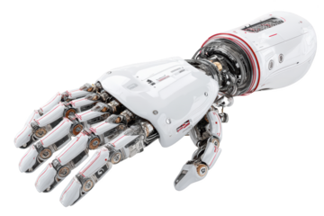 Futuristic, detailed robotic hand with gleaming white and metallic components, reaching forward
