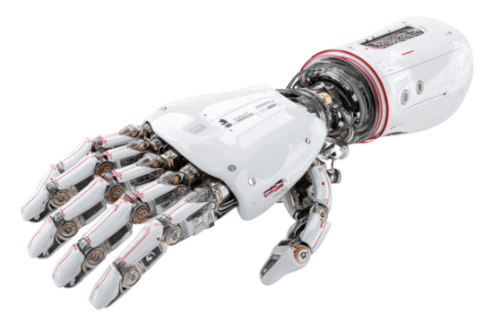 Futuristic, detailed robotic hand with gleaming white and metallic components, reaching forward