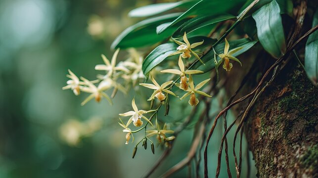 Delicate yellow flowers clustered along a stem growing on a textured tree trunk with soft green leaves in a blurred natural forest background - Powered by Adobe