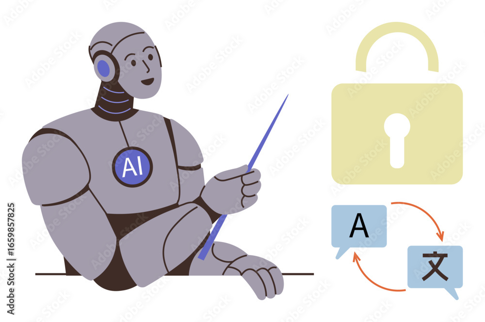 Poster ai robot holding pointer explains interaction between translation and security featuring speech bubb