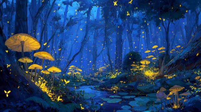 Enchanted forest at night with glowing yellow mushrooms and floating magical lights along a winding path through tall dark blue trees