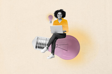 Picture pop collage of person use netbook sit lightbulb on pastel background