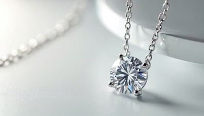 Elegant diamond solitaire pendant necklace on white background. Sparkling pendant with brilliant cut diamond. Luxury jewelry. Perfect gift for engagement or any special occasion.